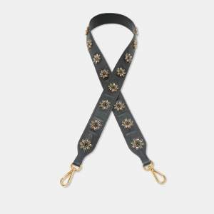 Prada Black Leather Floral Crystals Embellished Shoulder Bag Strap