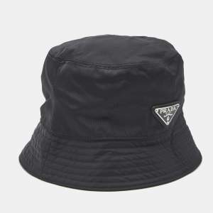Pre Owned Prada Black Synthetic Triangle Logo Plaque Bucket Hat L
