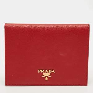Pre Owned Prada Red Saffiano Metal Leather Logo Passport Holder