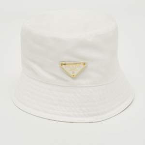 Pre Owned Prada White Re-Nylon Logo Plaque Detail Bucket Hat M