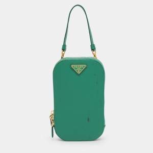 Pre Owned Prada Green Saffiano Lux Leather Phone Crossbody Bag