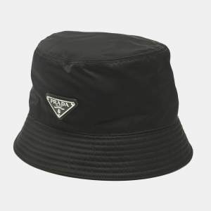 Pre Owned Prada Black Re-Nylon Enamel Triangle Bucket Hat M