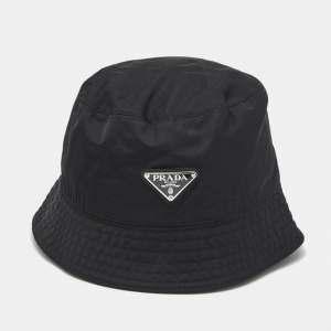 Pre Owned Prada Black Re-Nylon Triangle Logo Plaque Bucket Hat L