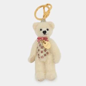 Pre Owned Prada Cream Nylon Crystal Embellished Teddy Bear Bag Charm