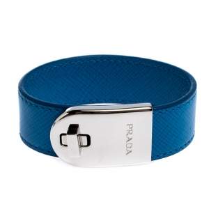 Prada Blue Leather Silver Tone Turn-Lock Bracelet M