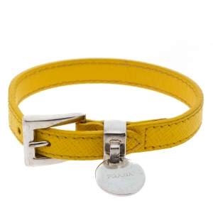 Prada Yellow Saffiano Leather Silver Tone Bracelet