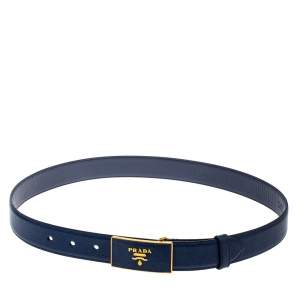 Prada Blue Saffiano Leather Buckle Belt 80CM