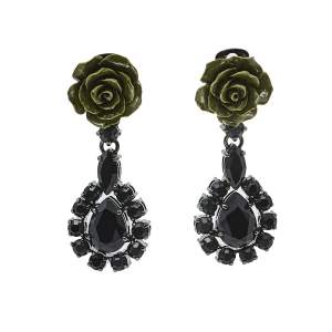 Prada Green Resin Rose Crystal Clip On Drop Earrings