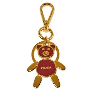 Prada Red Enamel Gold Tone Teddy Bear Key Chain/ Bag Charm