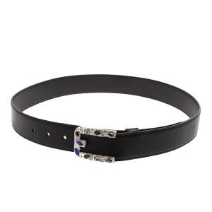 Prada Black Leather Jeweled Embellished Buckle Belt 85CM
