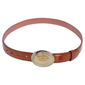 Prada Brown Patent Leather Logo Plaque Buckle Belt 85 CM