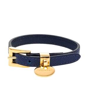 Prada Blue Saffiano Leather Gold Tone Logo Charm Bracelet