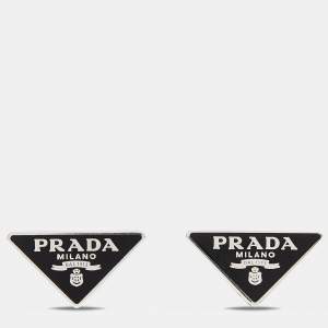Pre Owned Prada Symbole Black Enamel Sterling Silver Stud Earrings