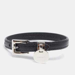 Prada Black Saffiano Leather Logo Tag Wrap Bracelet M