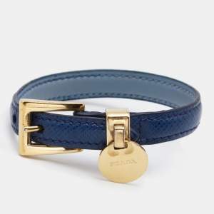 Prada Blue Leather Gold Tone Metal Buckle Bracelet 