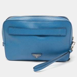 Prada Blue Saffiano Leather Wristlet Travel Organizer