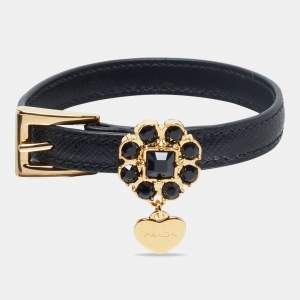 Prada Black Leather Floral Embellished Heart Charm Wrap Bracelet M