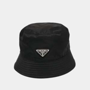Prada Black Re-Nylon Logo Plaque Bucket Hat L