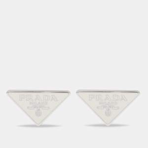 Prada Silver Logo Enamel Triangle Symbole Stud Earrings