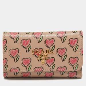 Prada Beige/Multicolor Heart Print Leather 6 Key Holder Case