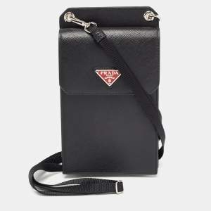 Prada Black Saffiano Metal Leather Logo Crossbody Phone Bag