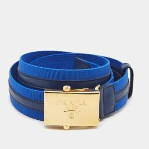 Prada Two Tone Blue Elastic Fabric and Saffiano Leather Buckle Belt Size 85CM