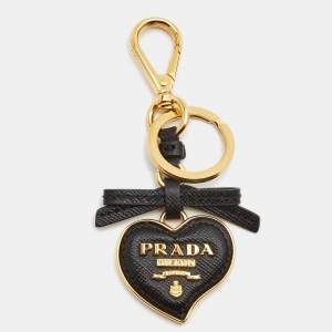 Prada Black Saffiano Leather Gold Tone Heart Key Chain