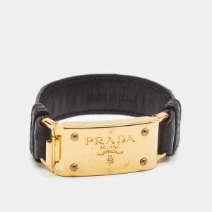 Prada  Black Ostrich Leather Gold Tone Bracelet