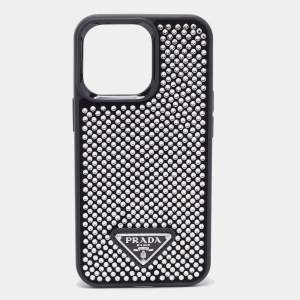 Prada Black/Silver Rubber and Suede Crystals Embellished iPhone 13 Pro Case