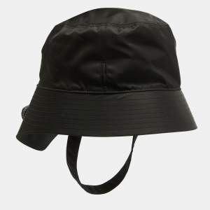 Prada Black Re-Nylon Triangle Logo Detail String Bucket Hat XL