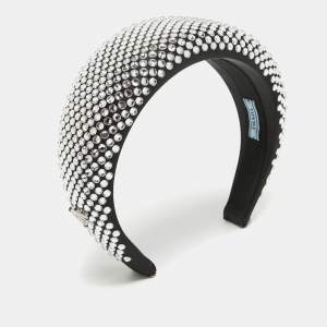 Prada Black Crystals Embellished Satin Oversized Head Band One Size