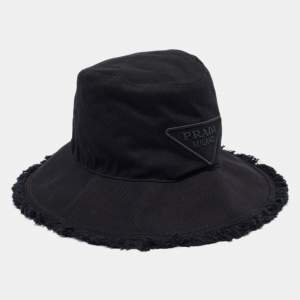 Prada Black Logo Embroidered Canvas Drill Bucket Hat S