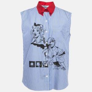 Prada Blue Comic Print Poplin Striped Sleeveless Shirt M