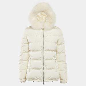 Prada Off-White Synthetic Quilted Fur Trim Hood Down Jacket S