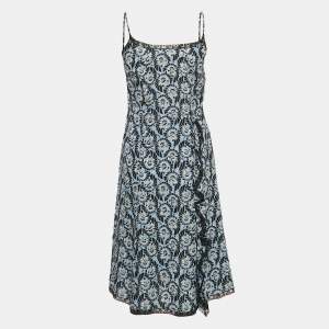 Prada Blue Floral Print Silk Ruffled Sleeveless Short Dress S
