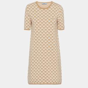 Prada Beige Jacquard Cotton Knit Crewneck Mini Dress M