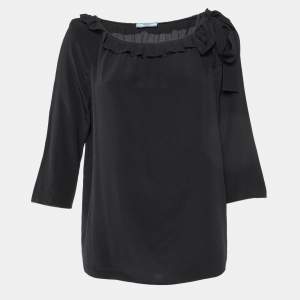 Prada Black Silk Ruffle Trim Blouse M