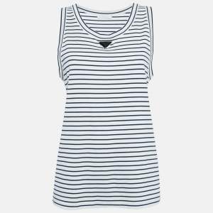 Prada White Striped Cotton Triangle Logo Detail Tank Top XL