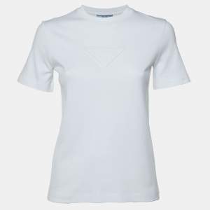 Prada White Logo Embossed Cotton T-Shirt XXS