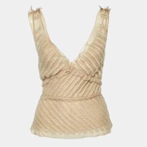 Prada Beige Embroidered Chiffon Silk Sleeveless Top S