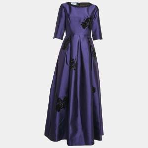 Prada Blue Bead Embellished Wool and Silk Pleated Gown M