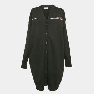Prada Black Logo Intarsia Wool Knit Long Cardigan S