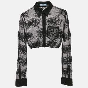 Prada Black Logo Embroidered Chantilly Lace Sheer Crop Shirt S