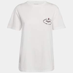 Prada White Logo Embroidered Jersey Crew Neck T-Shirt L