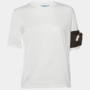 Prada White Cotton Zip Pocket Sleeve Detail Crew Neck T-Shirt S