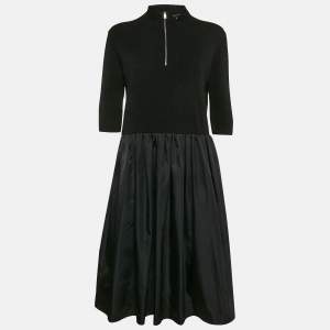 Prada Black Nylon and Knit Midi Dress L