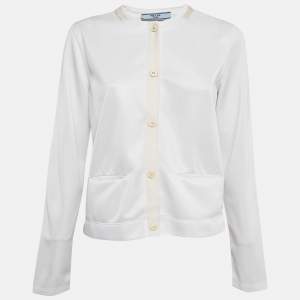 Prada White Jersey Button Front Silk Trimmed Blouse L