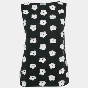 Prada Black Daisy Embroidered Cotton Knit Sleeveless Top M