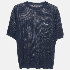 Prada Navy Blue Pinhole Pattern Silk and Cotton Sweater L