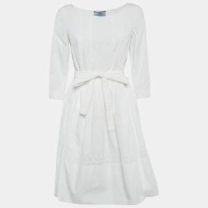 Prada White Cotton Lace Trim Detail Pleated Short Dress S